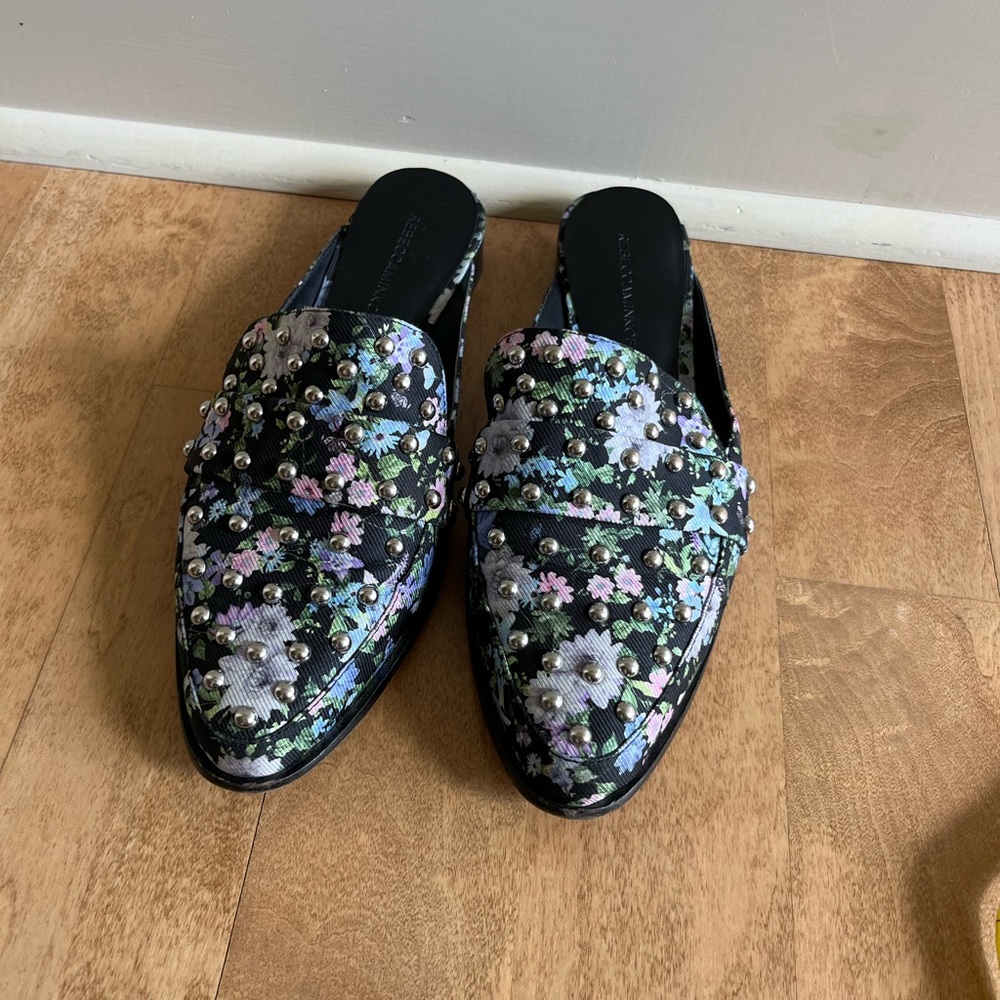 Rebecca Minkoff Black Floral Milenia Studded Mules sz 8.5